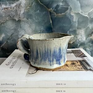 Studio Art Pottery Creamer Cup Handle Blue Gray Stoneware Freeform Drip Glaze